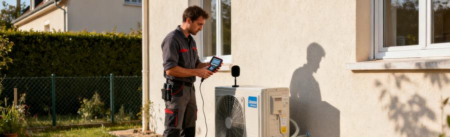 Technicien mesurant le niveau sonore d'une pompe à chaleur extérieure dans un pavillon de Montigny-le-Bretonneux