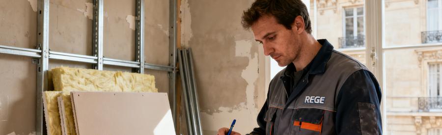 Artisan RGE consultant les normes DTU et RE 2020 sur chantier isolation intérieure Paris 16e