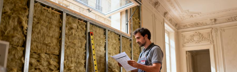 Artisan vérifiant conformité réglementaire isolation intérieure dans appartement haussmannien Paris 8e