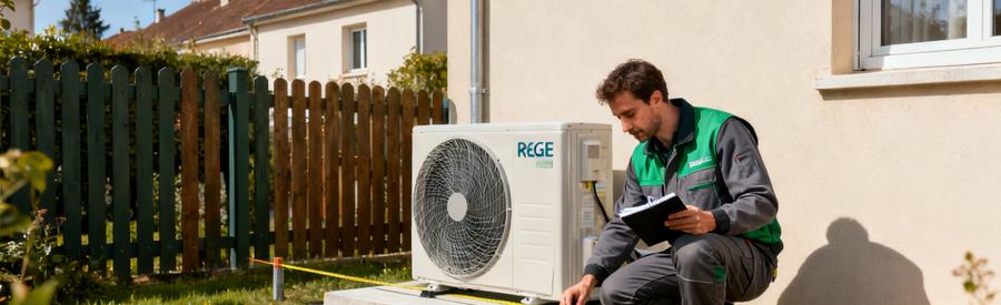 Technicien mesurant distance réglementaire entre unité extérieure PAC et limite de propriété à Viry-Châtillon