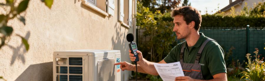 Reglementation Pac Melun Norme Acoustique Installation Technicien vérifiant conformité réglementaire d'une pompe à chaleur extérieure à Melun, sonomètre en main
