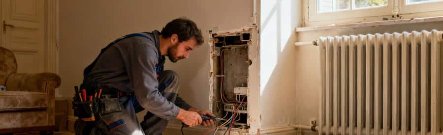 Devis radiateurs : Artisan remplaçant un vieux convecteur par un radiateur à inertie moderne dans un salon de pavillon français