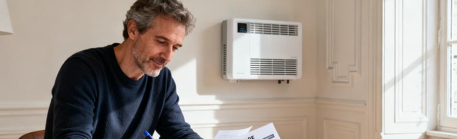 Propriétaire vérifiant ses économies d'énergie après installation pompe à chaleur dans appartement à Vincennes