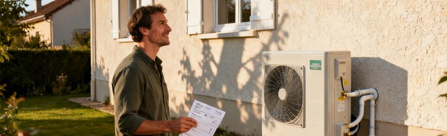 Propriétaire devant son unité PAC air/eau installée, factures à la main, pavillon rénové à Mantes-la-Jolie