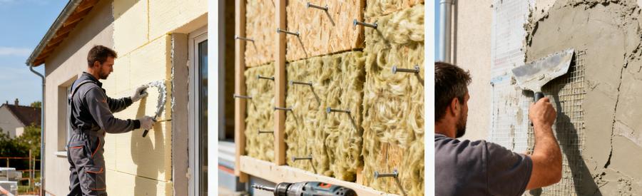 Devis isolation extérieure : Trois systèmes isolation extérieure : pose polystyrène, laine de roche chevillée et application enduit finition sur façade