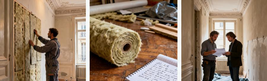 Tarifs isolation intérieure Paris 20e : artisan RGE posant isolant dans appartement haussmannien ancien