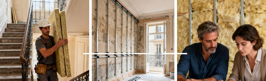 Artisan livrant isolant dans escalier étroit immeuble parisien, chantier isolation intérieure Paris 3e arrondissement