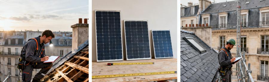 Artisans évaluant les facteurs influençant le coût d'installation de panneaux solaires sur toiture parisienne