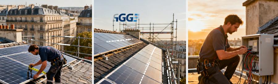 Tarifs Panneaux Solaires Paris 19e Installation Toiture Installateurs posant des panneaux solaires sur toiture parisienne avec échafaudage urbain dans le 19e arrondissement