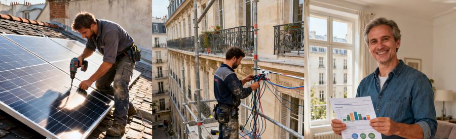 Installation panneaux solaires sur toiture parisienne : artisans RGE en action et propriétaire avec simulation économies