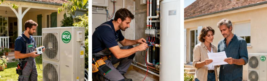 Artisans RGE installant une pompe à chaleur dans un pavillon d'Évry-Courcouronnes, coût installation inclus