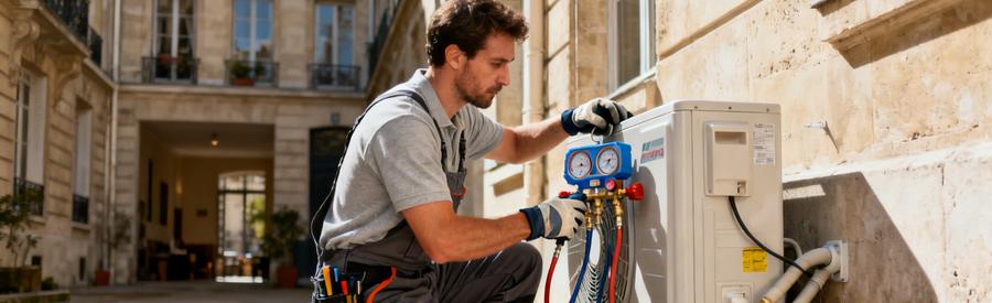Technicien qualifié manipulant les raccordements fluide frigorigène d'une pompe à chaleur sur façade parisienne