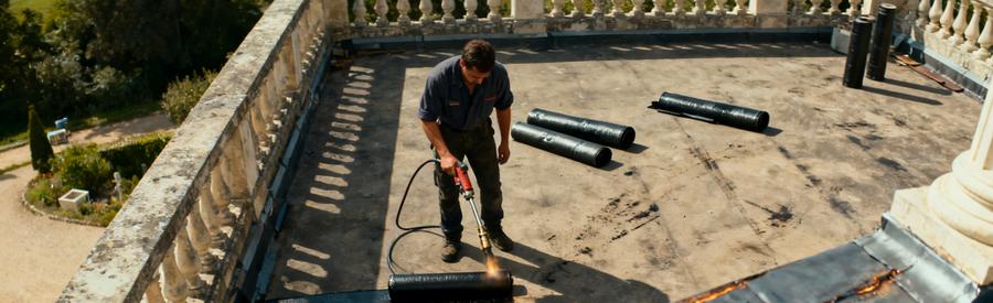 Devis étanchéité : Artisan appliquant membrane bitumineuse à la flamme sur toiture-terrasse, technique d'étanchéité la plus répandue en France
