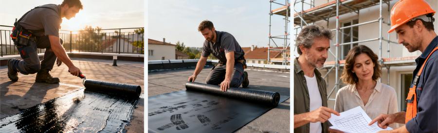 Devis étanchéité : Artisans RGE réalisant travaux étanchéité toiture-terrasse, techniques membrane bitumineuse et EPDM, propriétaires consultant estimation