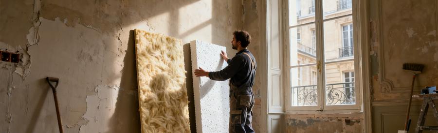 Techniques Isolation Interieure Appartement Paris 4e Artisan comparant techniques de doublage isolant sur mur haussmannien, appartement Paris 4e en rénovation