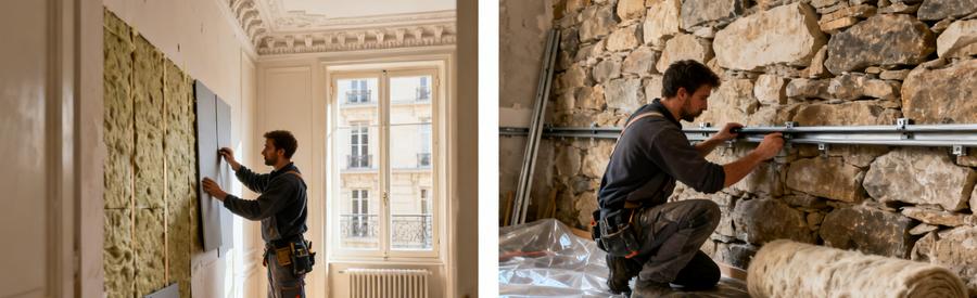 Comparaison doublage collé et ossature métallique pour isolation intérieure dans appartement Paris 16e