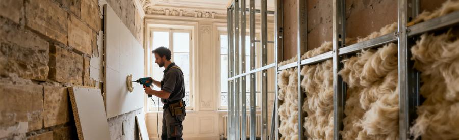 Artisan comparant doublage collé et ossature métallique pour isolation intérieure dans appartement Paris 17e