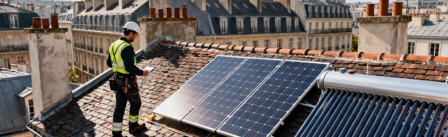 Artisan RGE comparant panneaux photovoltaïques et capteurs thermiques sur toiture parisienne en ardoises Paris 5e