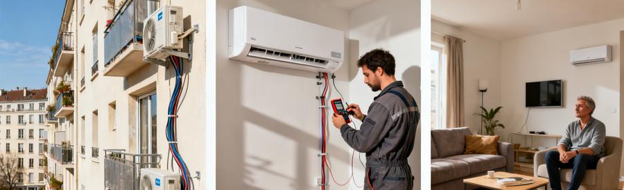 Trois technologies de pompe à chaleur résidentielle : unité extérieure, split mural et confort intérieur dans le Val-d'Oise