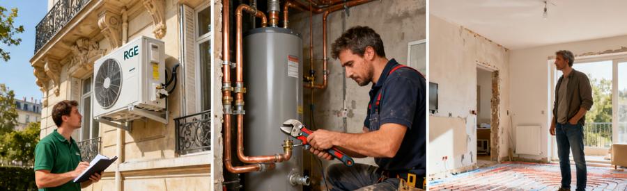 Trois types de pompe à chaleur air/eau à Herblay-sur-Seine : unité extérieure, circuit hydraulique et plancher chauffant