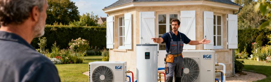 Artisan RGE présentant différents modèles de pompes à chaleur à un propriétaire devant un pavillon à Versailles