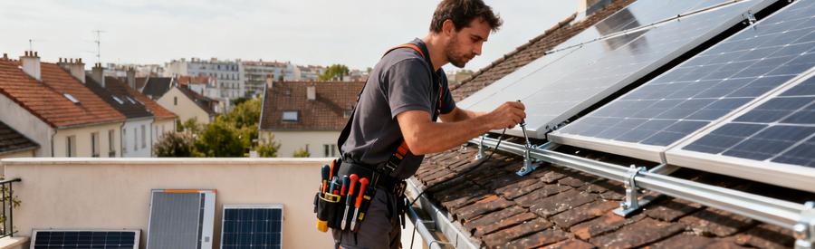 Artisan RGE installant des panneaux solaires photovoltaïques sur toiture ardoise d'un pavillon en Île-de-France