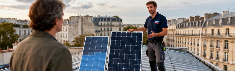 Artisan RGE présentant différentes technologies de panneaux solaires sur toiture parisienne à un propriétaire