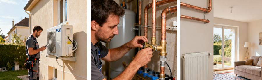 Trois types de pompe à chaleur air/eau : unité extérieure, raccordement circuit eau, radiateurs basse température