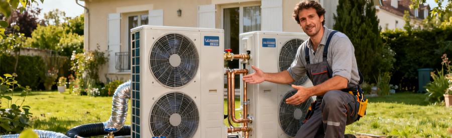Artisan présentant deux modèles de pompes à chaleur air/eau devant un pavillon à Taverny