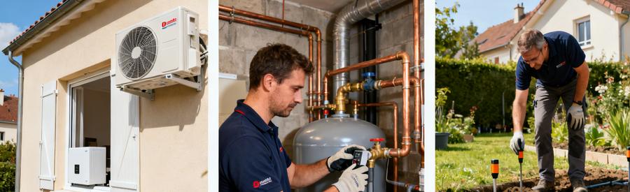 Comparatif trois modèles pompe à chaleur résidentielle : air/air, air/eau et géothermique installés par artisan RGE