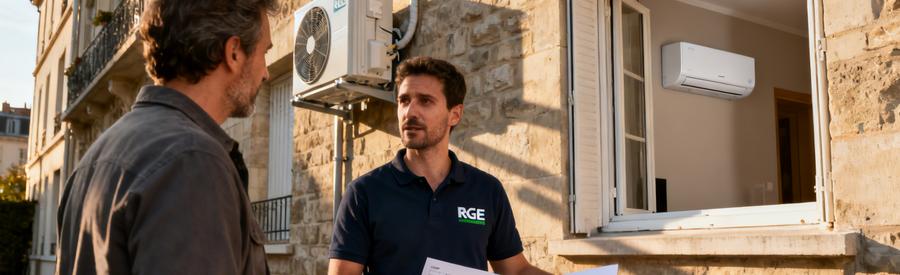 Artisan RGE présentant les types de pompes à chaleur disponibles à Montrouge à un propriétaire