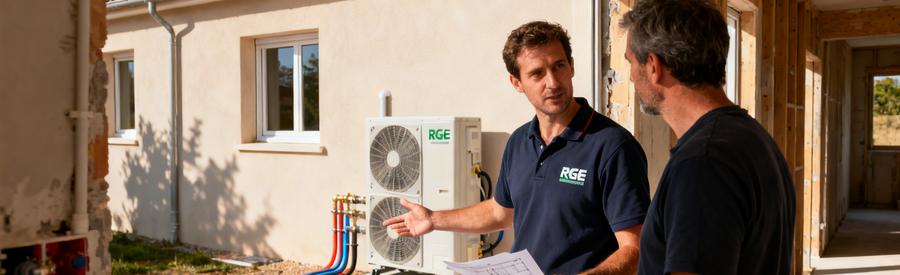 Types Pompe Chaleur Air Eau Massy Artisan Rge Artisan RGE présentant les types de pompes à chaleur air/eau à un propriétaire devant son pavillon à Massy