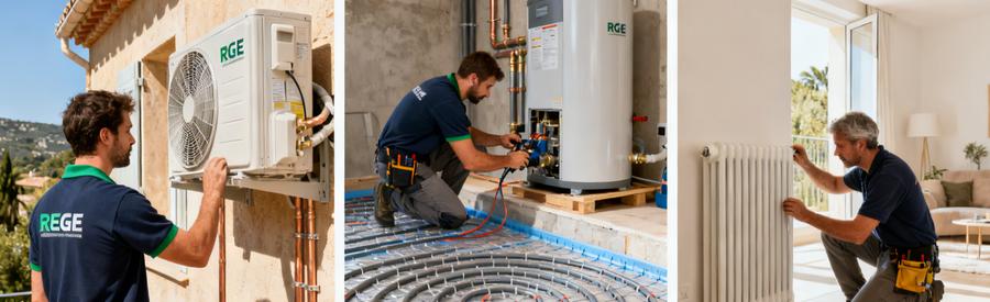 Trois types de pompes à chaleur adaptés aux logements de Mougins : unité extérieure, plancher chauffant et radiateurs basse température