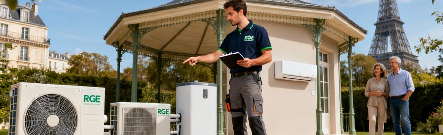 Artisan RGE présentant les différents types de pompes à chaleur à des propriétaires à Bezons