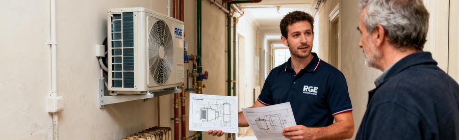 Artisan RGE conseillant un propriétaire sur les configurations de PAC air/eau adaptées à un immeuble parisien