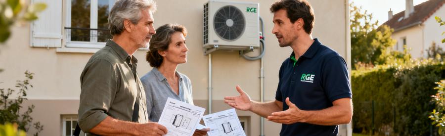 Artisan RGE expliquant les types de pompes à chaleur à des propriétaires lors d'une visite technique à Viry-Châtillon