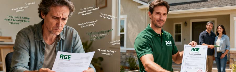 Propriétaire vérifiant l'authenticité d'une certification RGE d'un artisan avant de signer un contrat de travaux