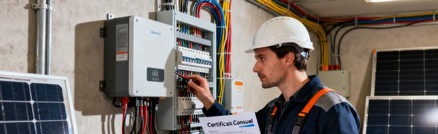 Électricien vérifiant la conformité réglementaire d'une installation photovoltaïque raccordée au réseau à Paris