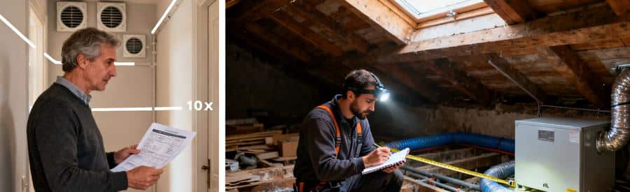Devis VMC : Artisan RGE en visite technique VMC dans les combles, relevant contraintes de pose des gaines avant chiffrage détaillé