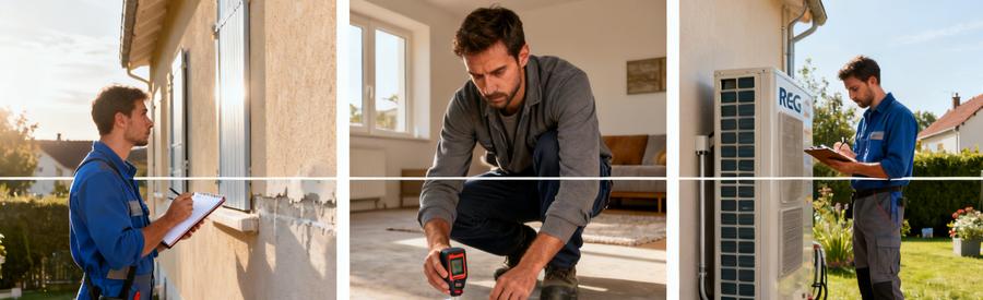 Artisan RGE réalisant visite technique avant installation pompe à chaleur dans pavillon à Franconville
