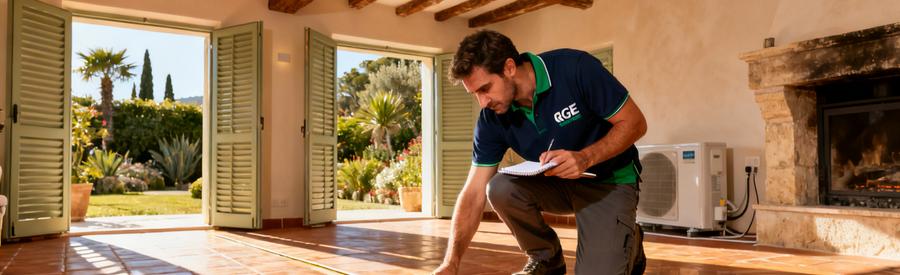 Technicien RGE mesurant un salon provençal lors de la visite technique avant installation d'une PAC à Cannes
