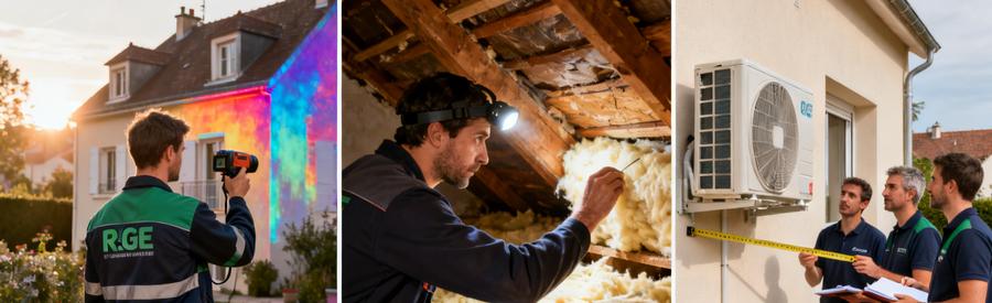 Artisans RGE réalisant la visite technique avant installation d'une pompe à chaleur dans un pavillon à Cergy