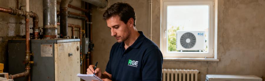 Artisan RGE évaluant configuration chaufferie pour installation pompe à chaleur air/eau à Évry-Courcouronnes