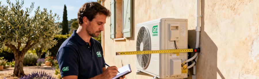 Installateur RGE évaluant l'emplacement de l'unité extérieure PAC sur façade de pavillon provençal à Cagnes-sur-Mer