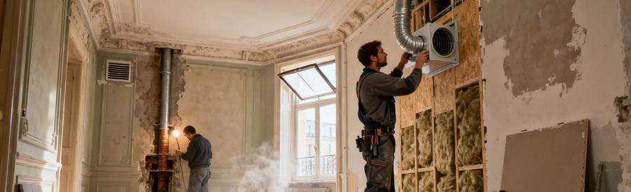 Artisan installant une VMC dans un appartement haussmannien parisien avec doublage isolant en cours de pose